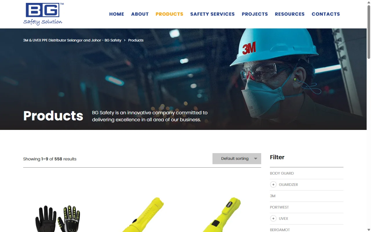 BG Safety website, Products page on desktop