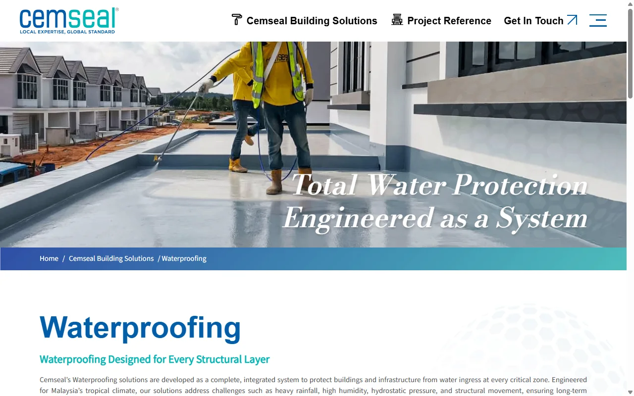 Cemseal website, Waterproofing page on desktop