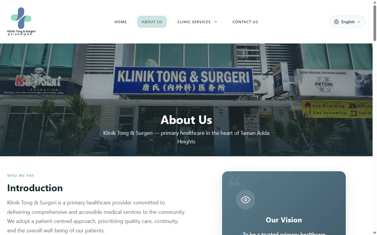 Klinik Tong website, About Us page on desktop