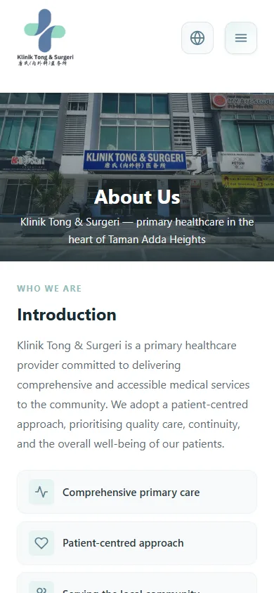 Klinik Tong website, About Us page on mobile