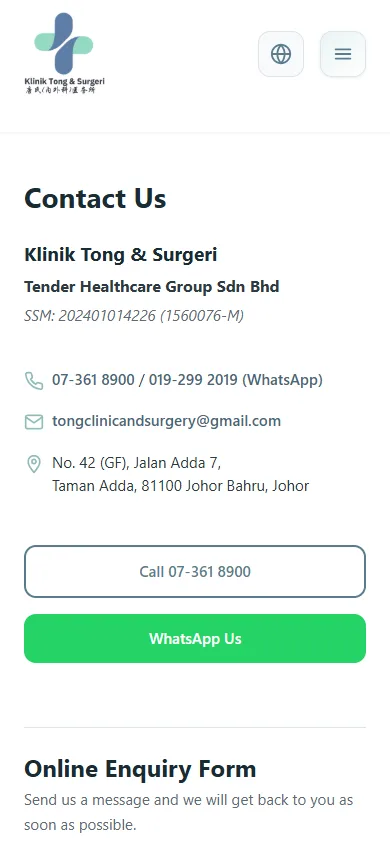 Klinik Tong website, Contact page on mobile