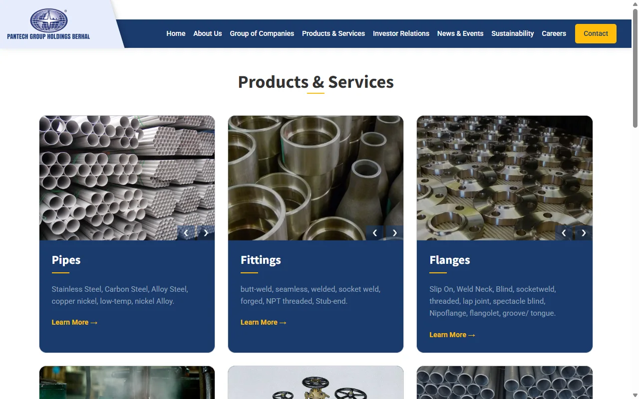 Pantech Group website, Products & Services page on desktop
