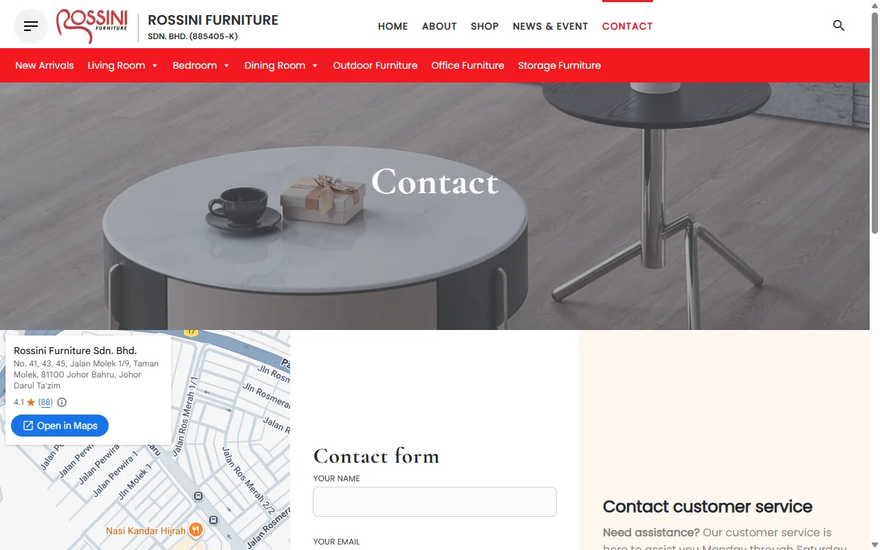 Rossini Furniture website, Contact page on desktop
