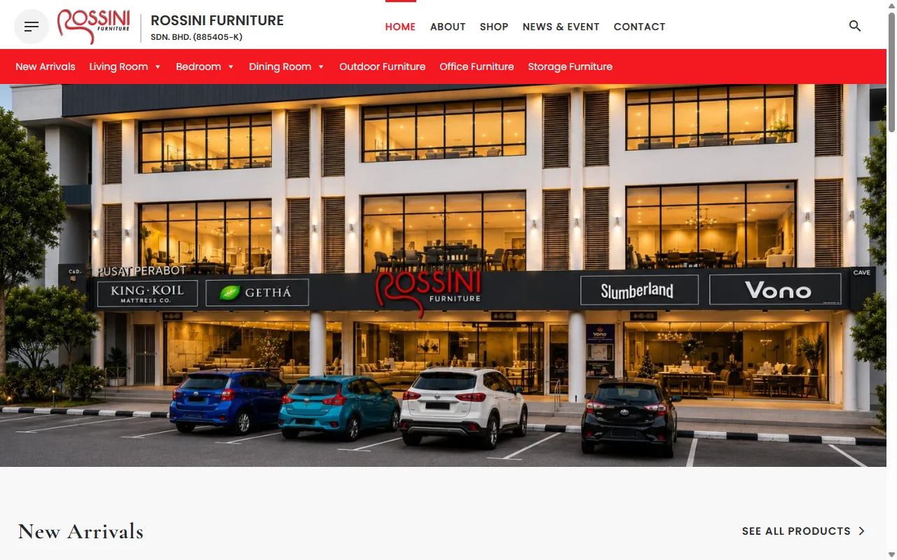 Rossini Furniture website, Home page on desktop