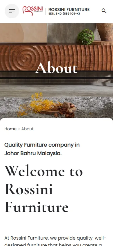 Rossini Furniture website, About page on mobile