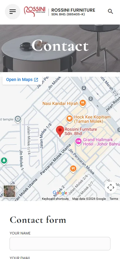 Rossini Furniture website, Contact page on mobile