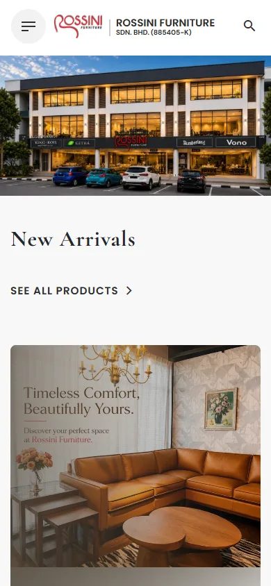 Rossini Furniture website, Home page on mobile