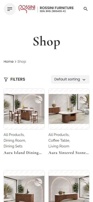 Rossini Furniture website, Shop page on mobile